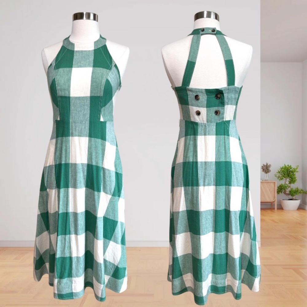 Maeve Anthropologie Green and White Linen Blend Halter Gingham Plaid Sundress